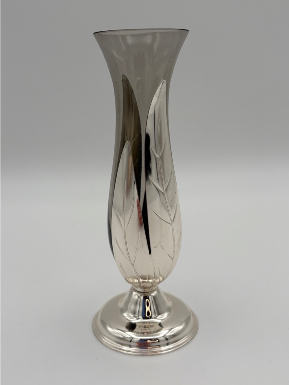 Vintage Quist West Germany Smoked Glass Silver Plate Leaf Bud Vase MCM 5.75”